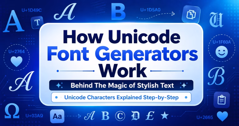 Illustration showing how Unicode font generators convert normal text into stylish Unicode characters for social media and online profiles.
