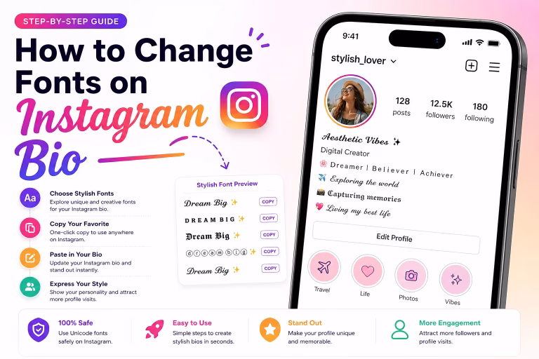 Step-by-step guide showing how to change fonts on Instagram bio using a stylish font generator